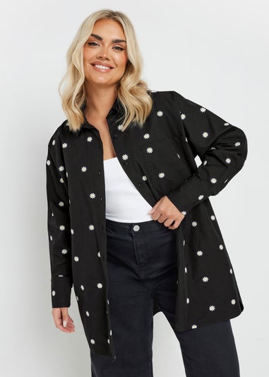 YOURS Curve Black Embroidered Daisy Shirt