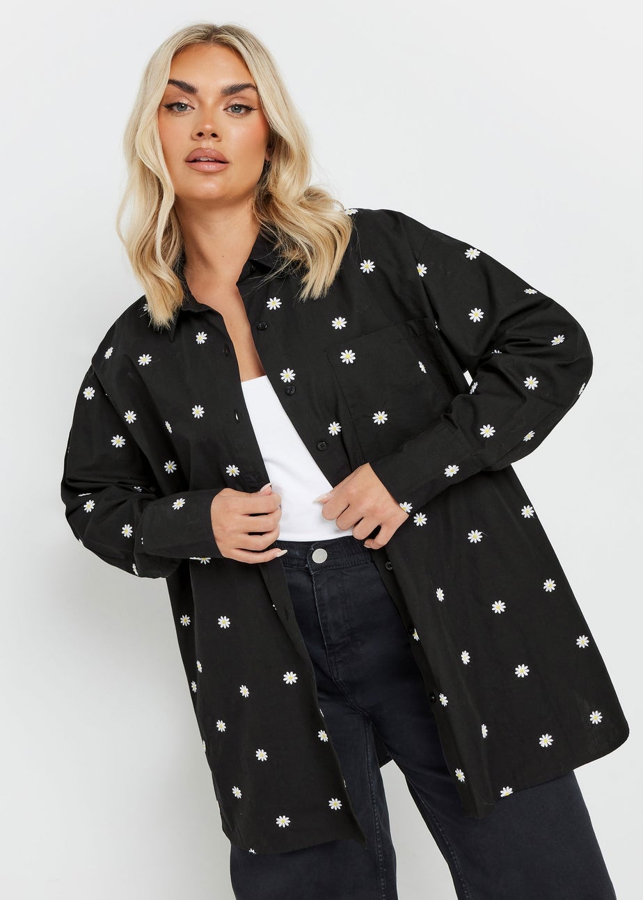 YOURS Curve Black Embroidered Daisy Shirt