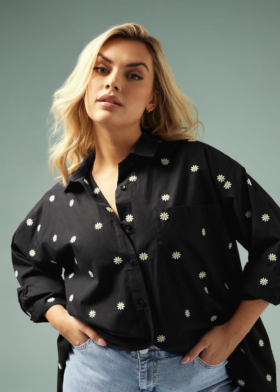 YOURS Curve Black Embroidered Daisy Shirt