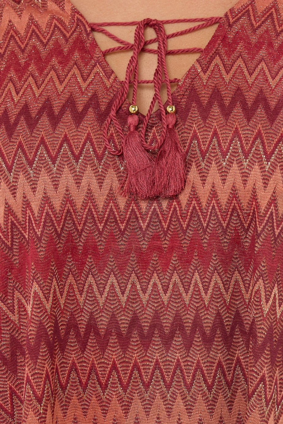 Yours Curve Rust Orange Metallic Zig Zag Tie Neck Tunic Top