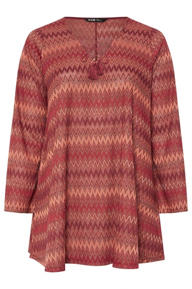 Yours Curve Rust Orange Metallic Zig Zag Tie Neck Tunic Top