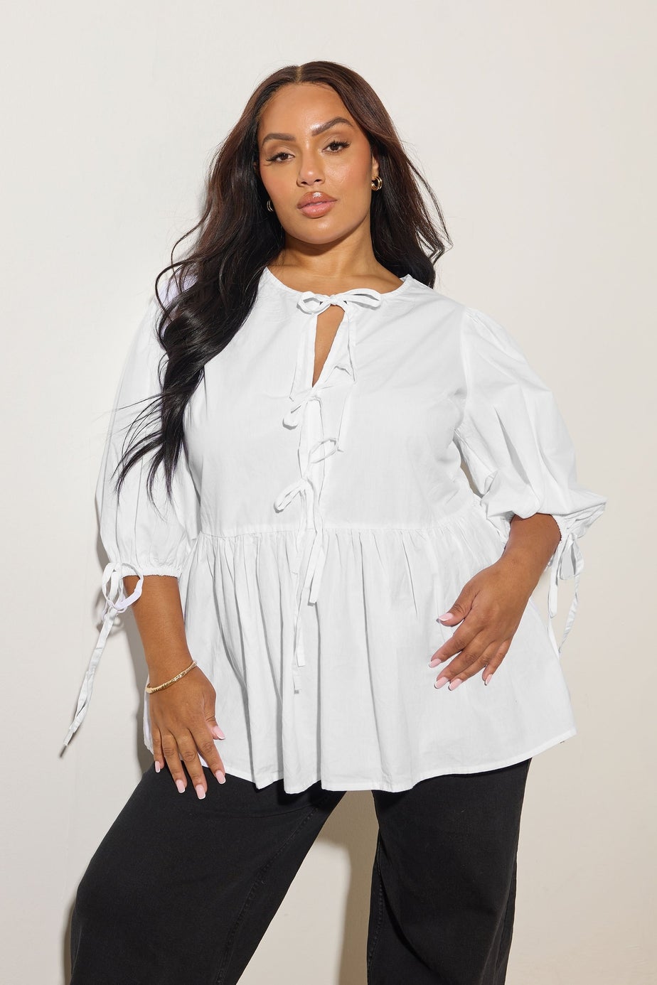 YOURS Curve White Bow Tie Detail Top