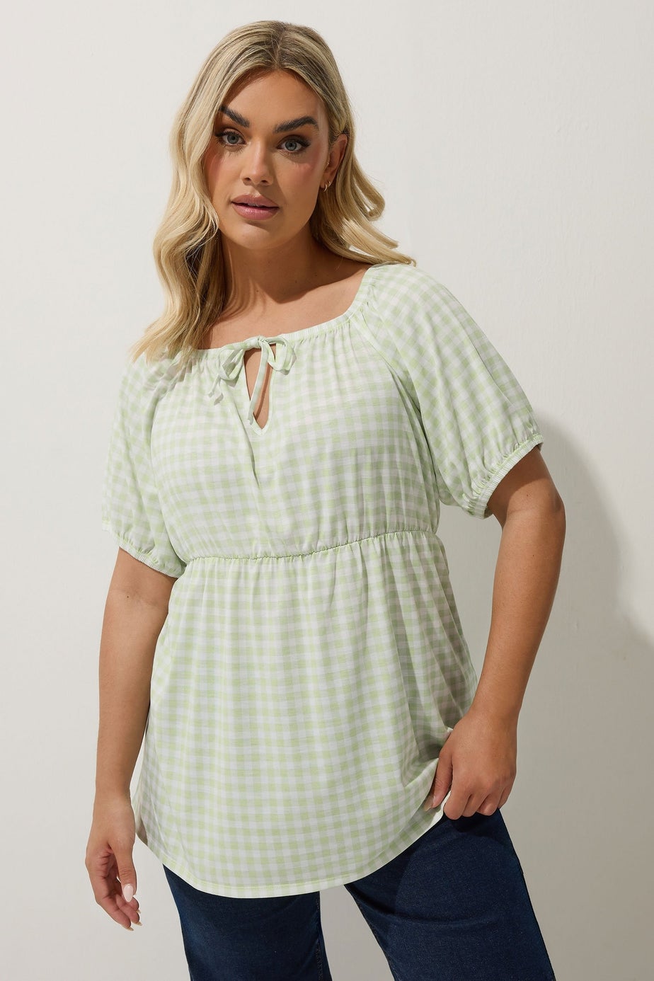 LIMITED COLLECTION Curve Sage Green Gingham Tie Neck Peplum Top