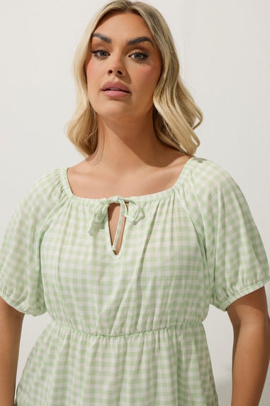 LIMITED COLLECTION Curve Sage Green Gingham Tie Neck Peplum Top