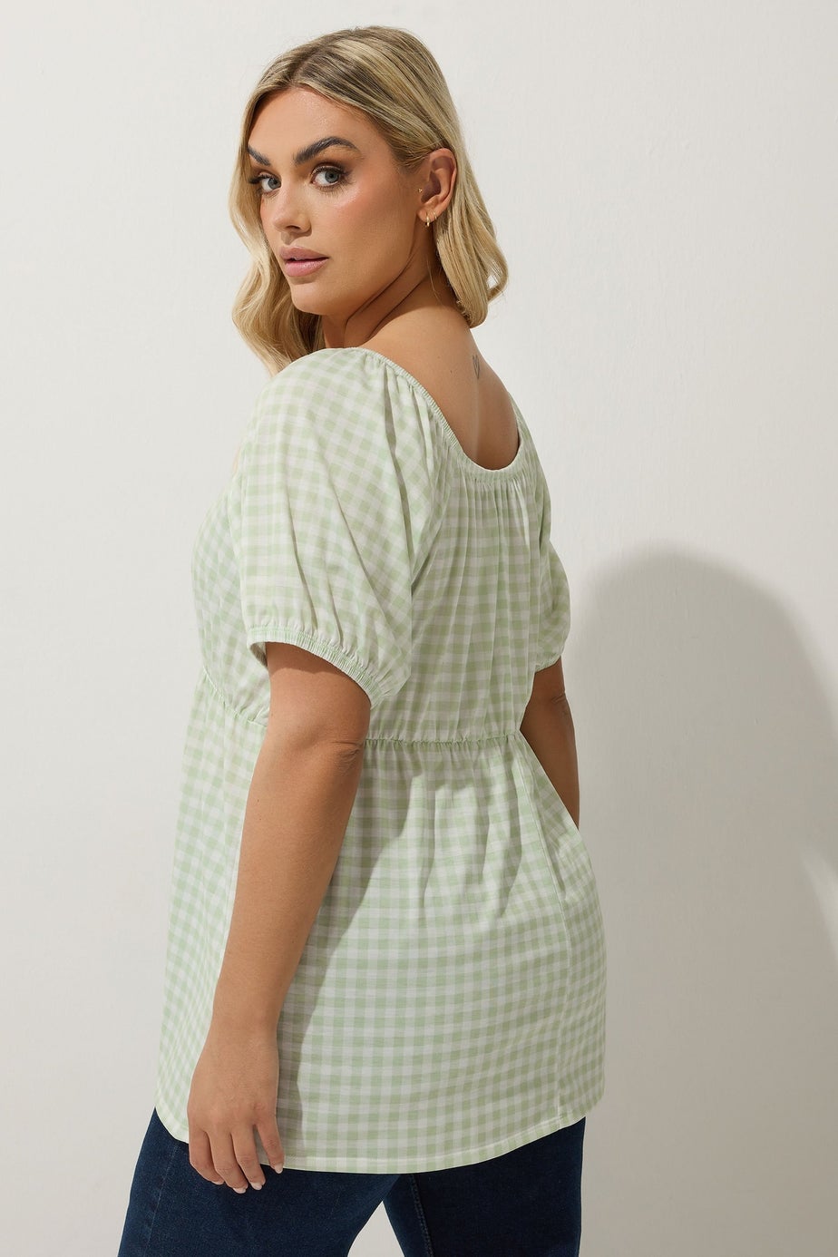 LIMITED COLLECTION Curve Sage Green Gingham Tie Neck Peplum Top