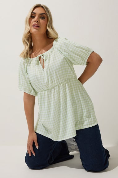 LIMITED COLLECTION Curve Sage Green Gingham Tie Neck Peplum Top