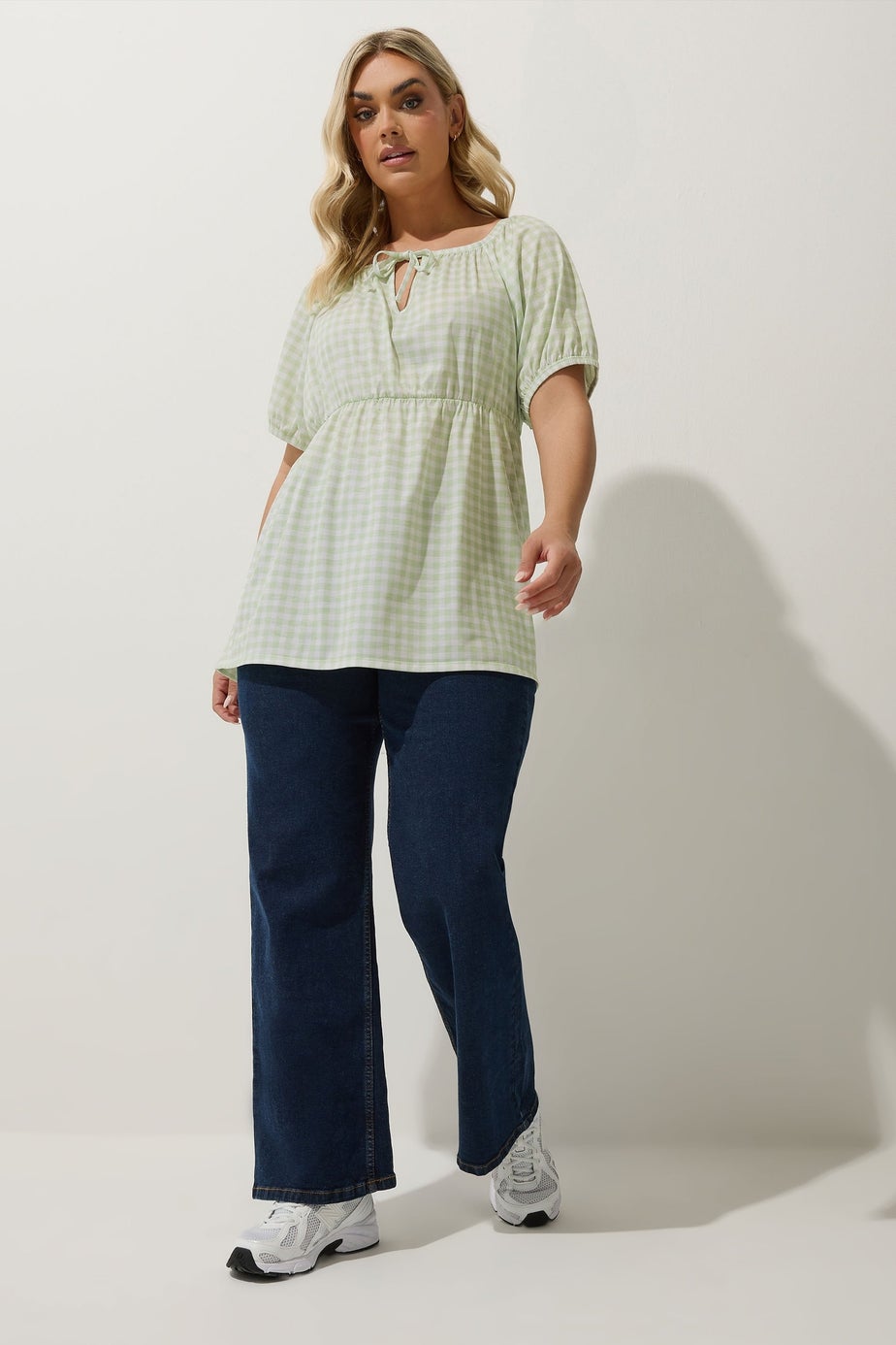 LIMITED COLLECTION Curve Sage Green Gingham Tie Neck Peplum Top