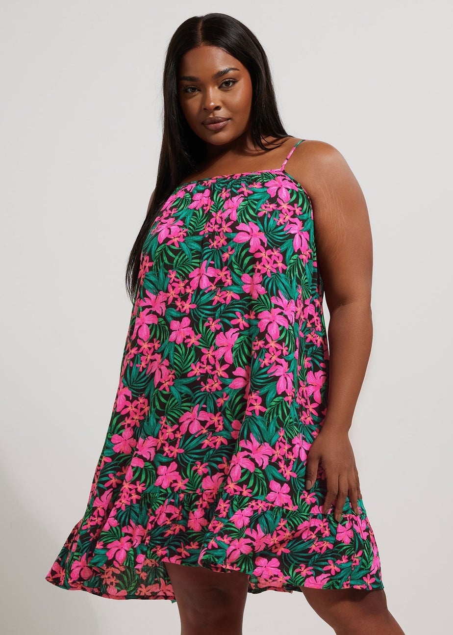 Yours Curve Black & Pink Floral Print Crinkle Mini Dress