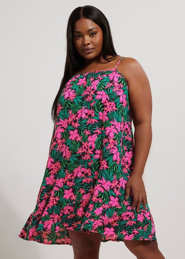 Yours Curve Black & Pink Floral Print Crinkle Mini Dress