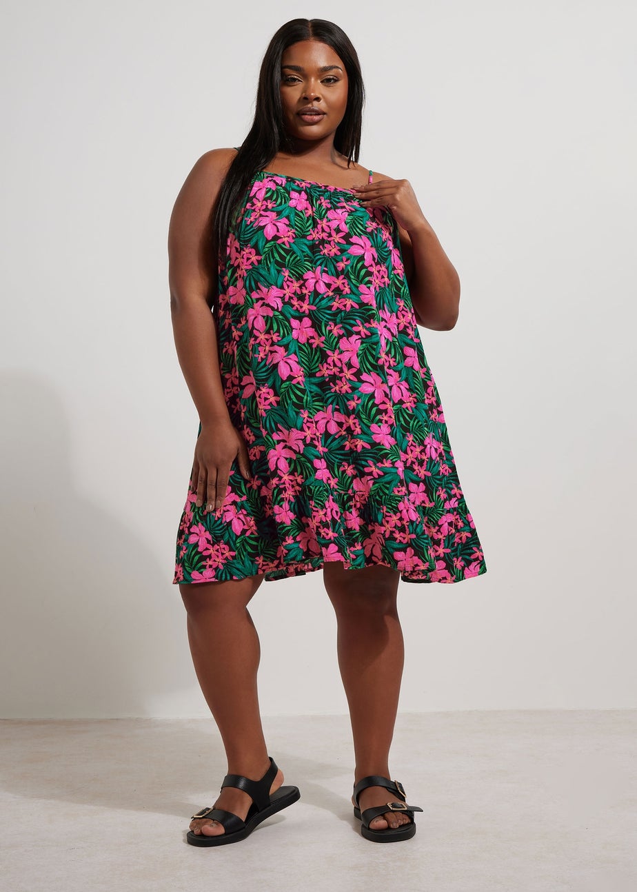Yours Curve Black & Pink Floral Print Crinkle Mini Dress