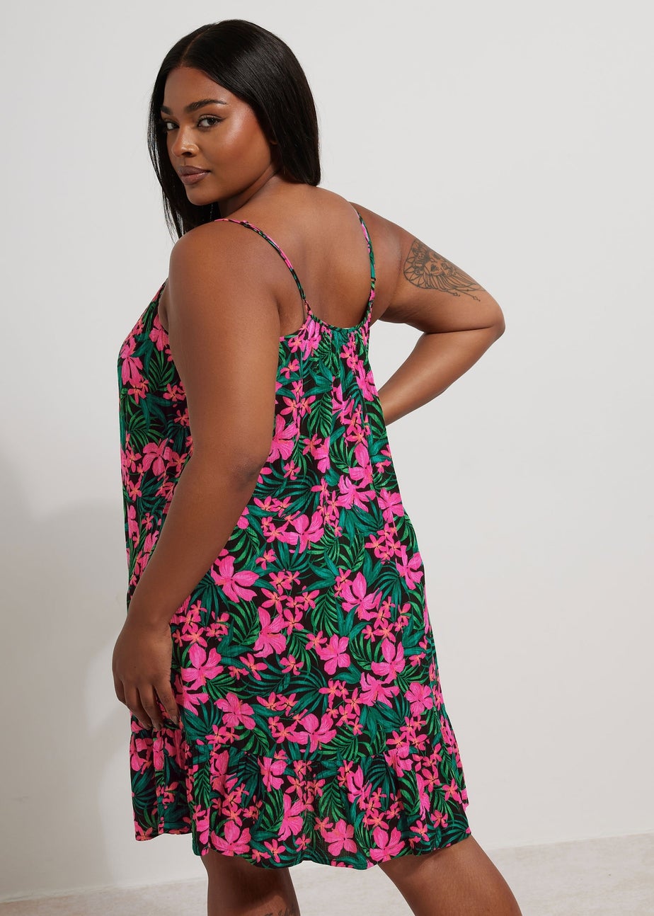 Yours Curve Black & Pink Floral Print Crinkle Mini Dress
