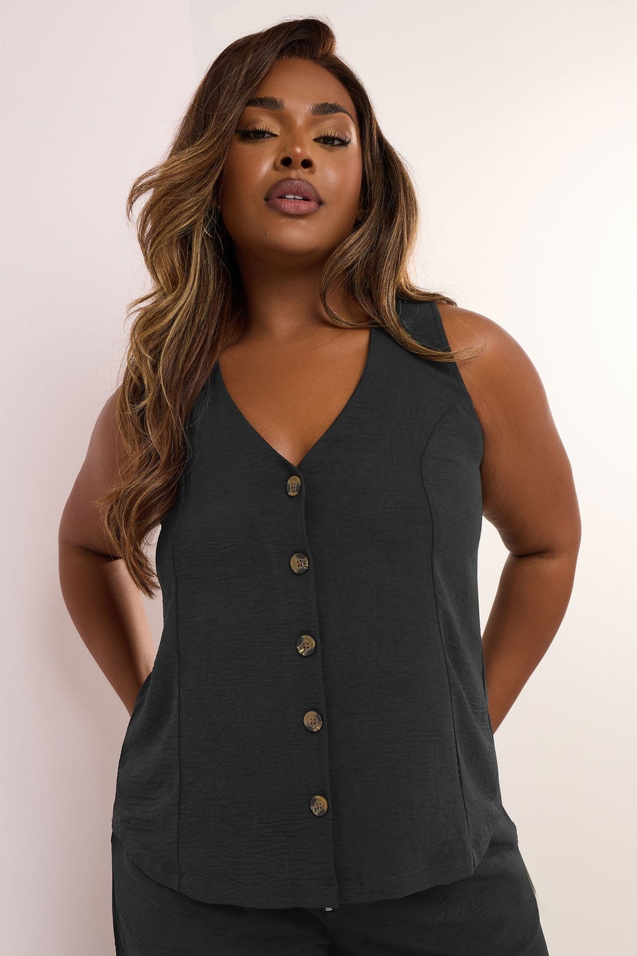Yours Curve Black Button Through Waistcoat