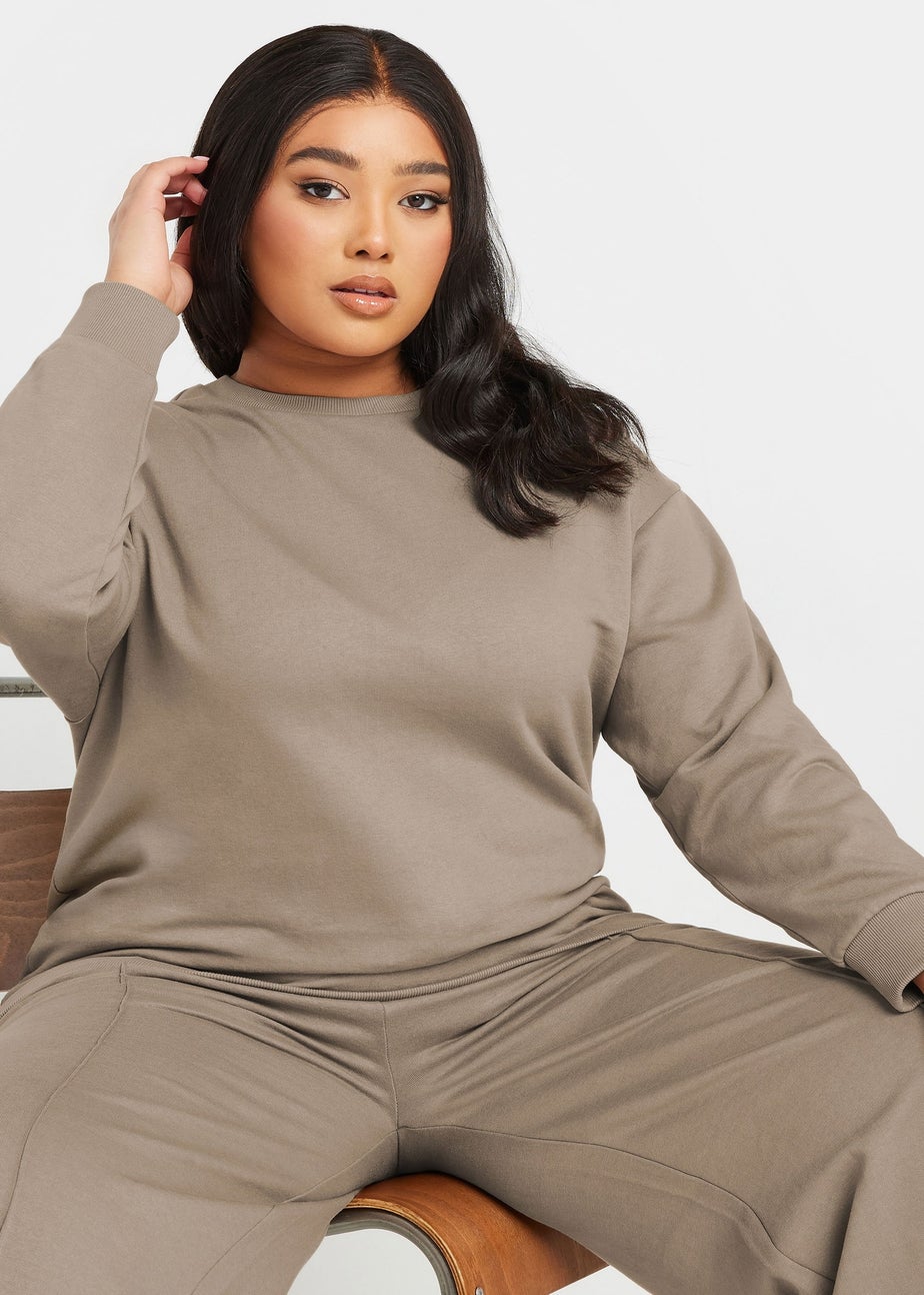 YOURS Curve Light Brown Long Sleeve Crew Neck Sweatshirt