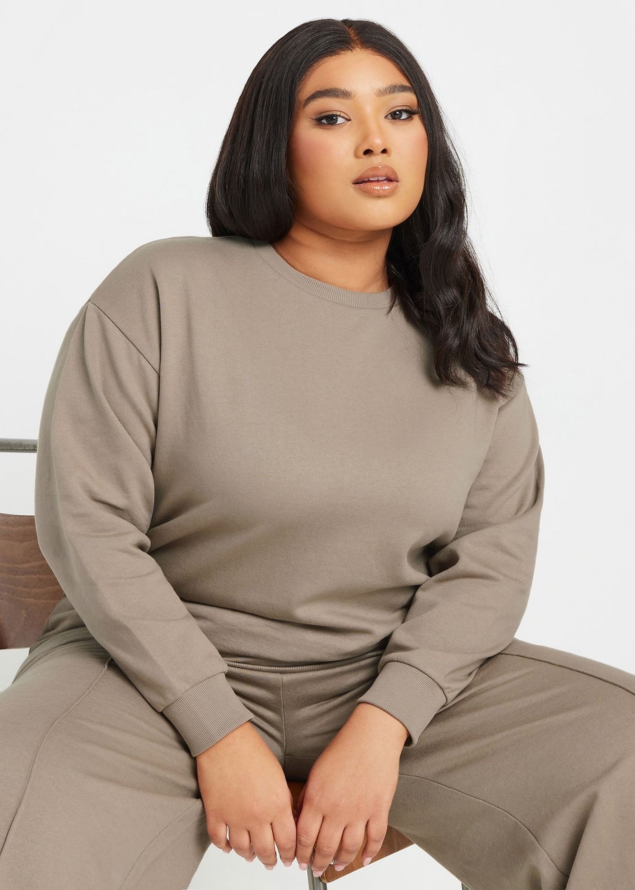 YOURS Curve Light Brown Long Sleeve Crew Neck Sweatshirt