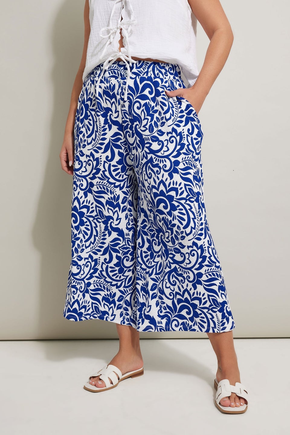 Yours Curve Blue Abstract Floral Textured Midaxi Culottes