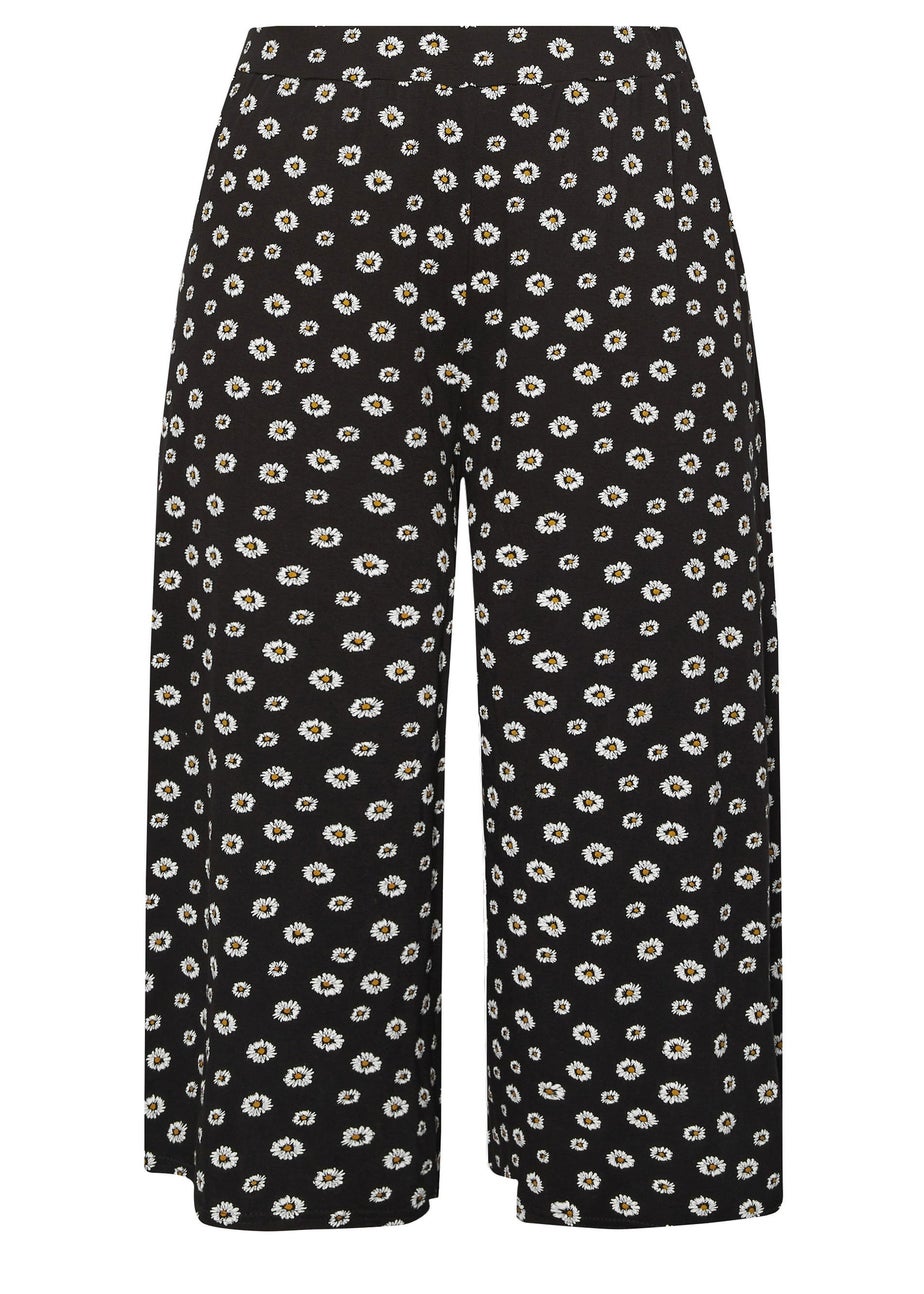 Yours Curve Black Daisy Print Cropped Trousers