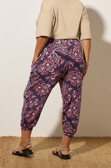 Yours Curve Navy Blue Paisley Print Harem Trousers