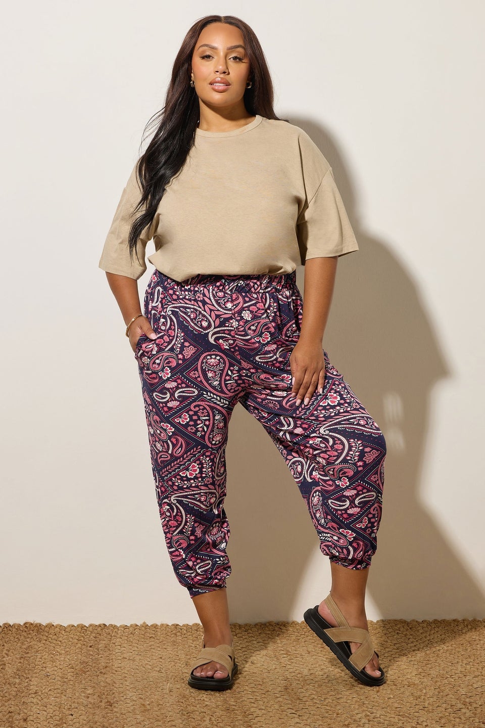 Yours Curve Navy Blue Paisley Print Harem Trousers