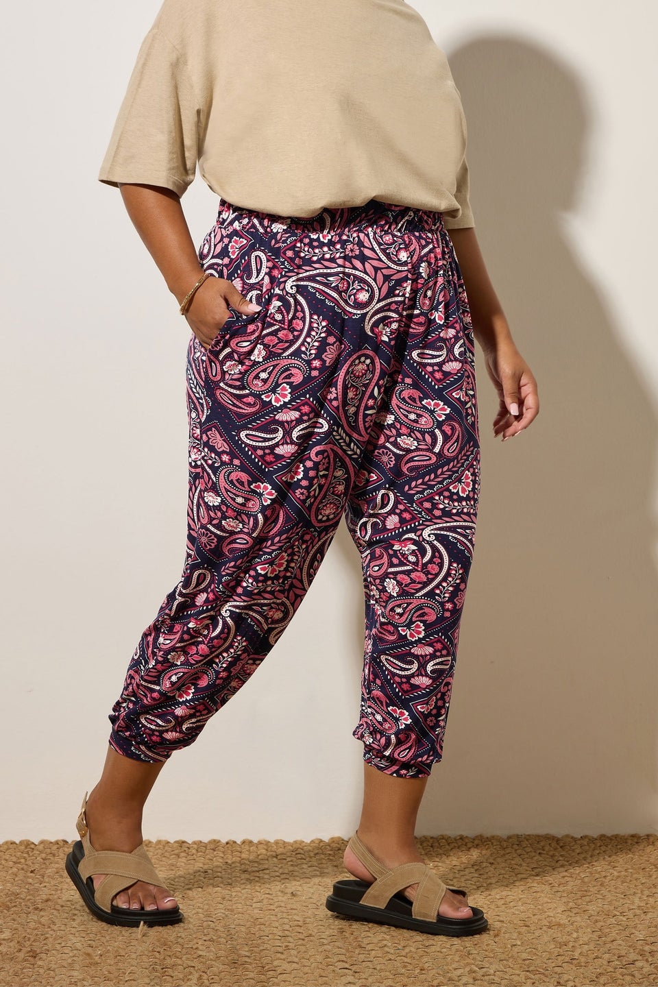 Yours Curve Navy Blue Paisley Print Harem Trousers