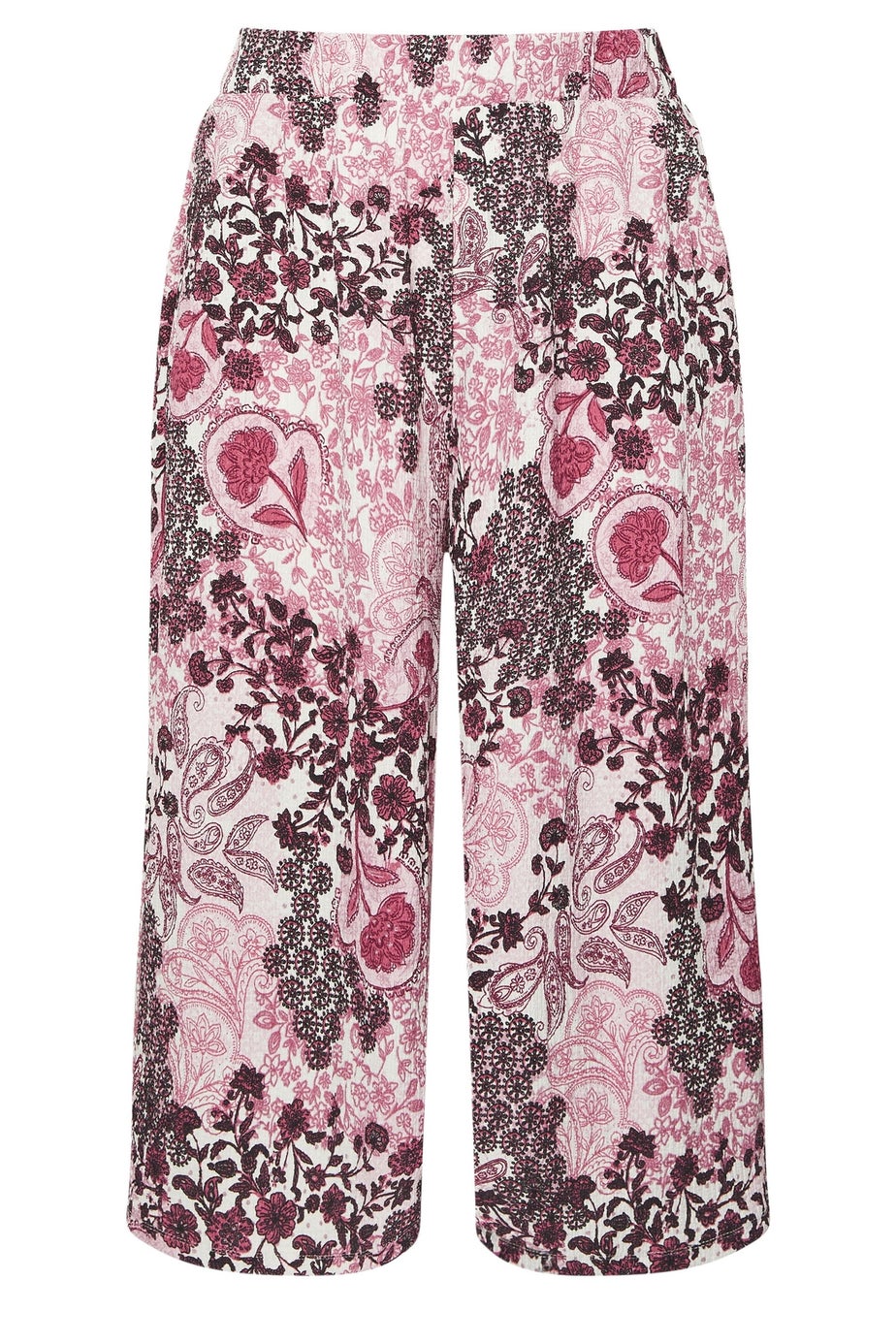Yours Curve Pink Paisley Print Textured Cropped Trousers