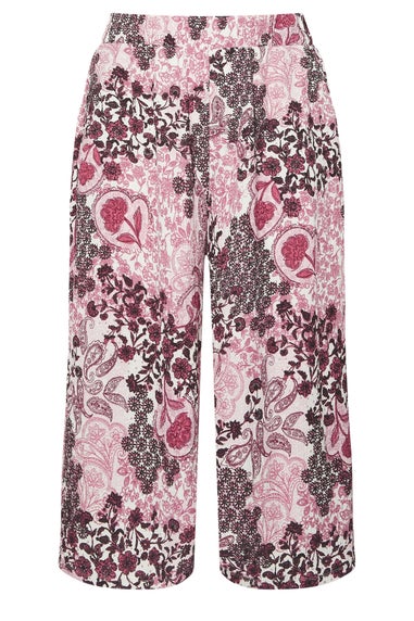 Yours Curve Pink Paisley Print Textured Cropped Trousers