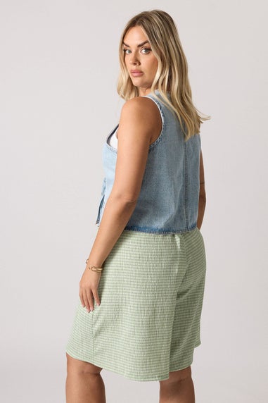 Yours Curve Sage Green Gingham Textured Shorts
