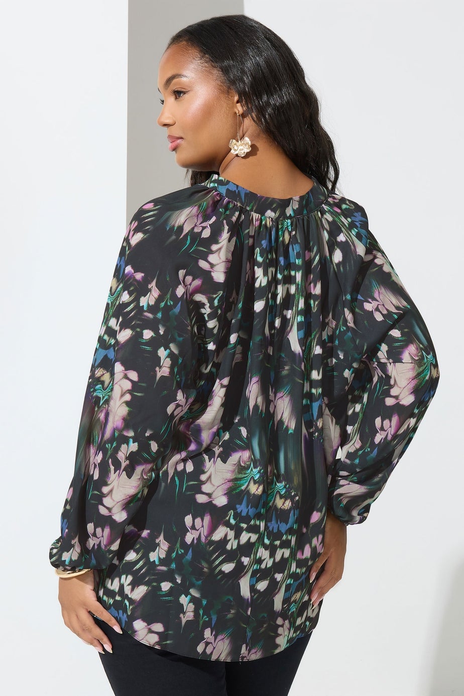 Yours London Curve Black Abstract Print Pleated Blouse