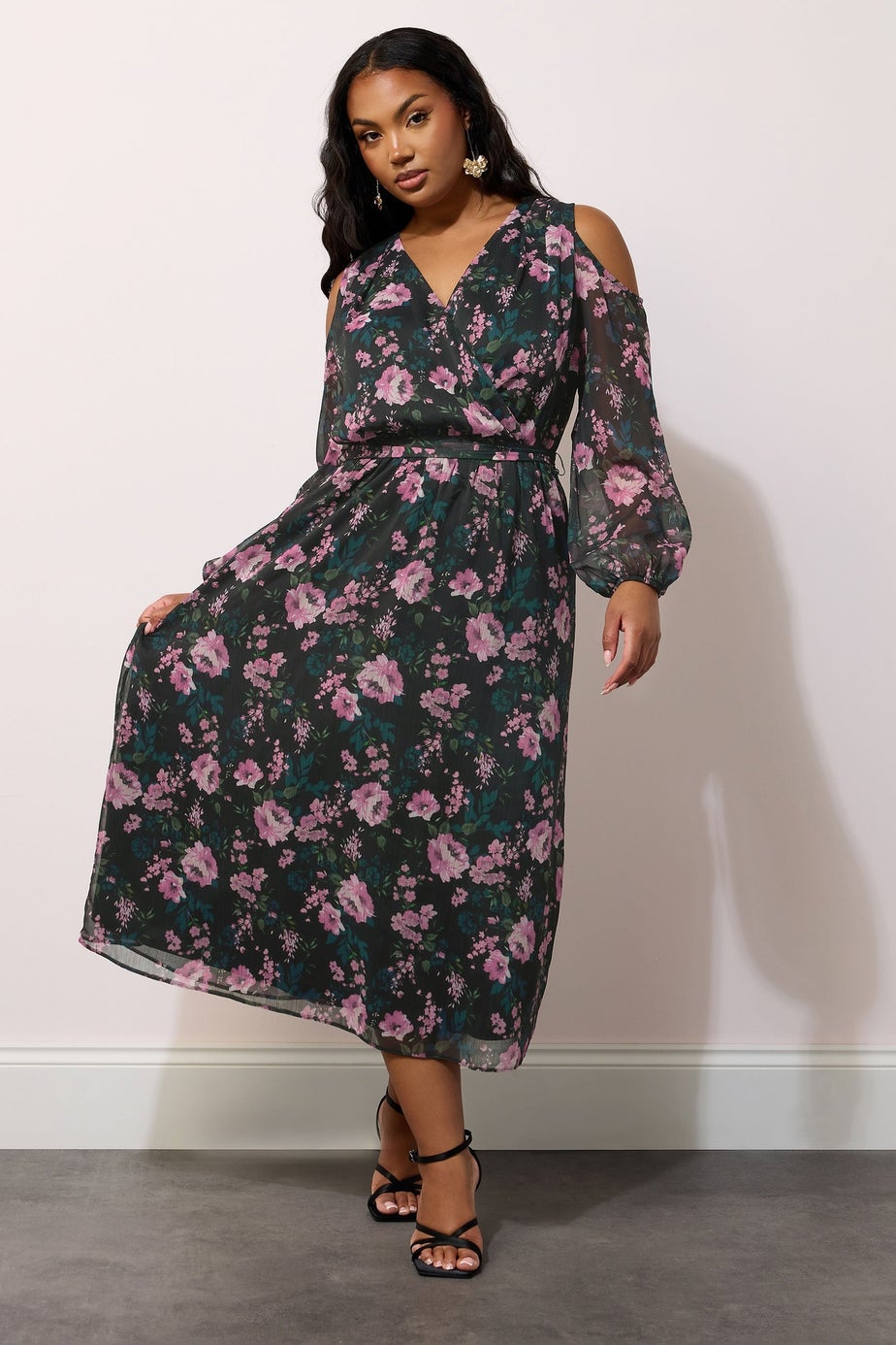 YOURS LONDON Curve Black Floral Print Cold Shoulder Dress