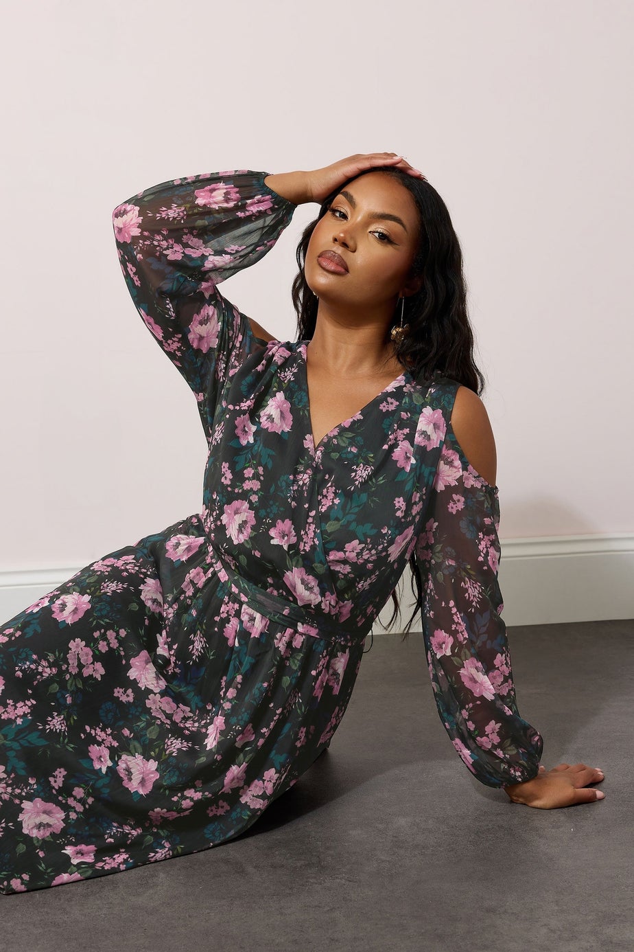 YOURS LONDON Curve Black Floral Print Cold Shoulder Dress
