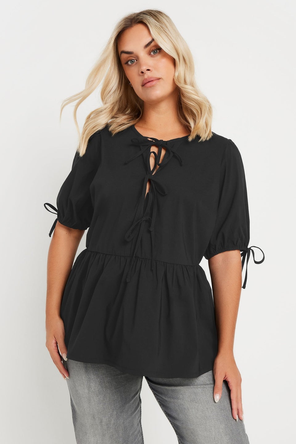 LIMITED COLLECTION Curve Black Bow Tie Front Peplum Top