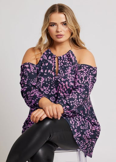 YOURS LONDON Curve Purple Animal Print Cold Shoulder Top