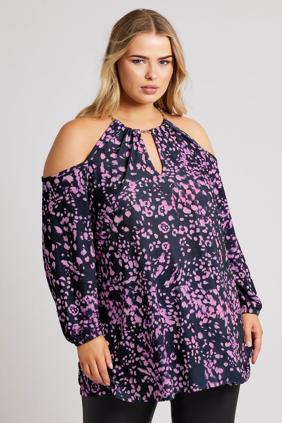 YOURS LONDON Curve Purple Animal Print Cold Shoulder Top