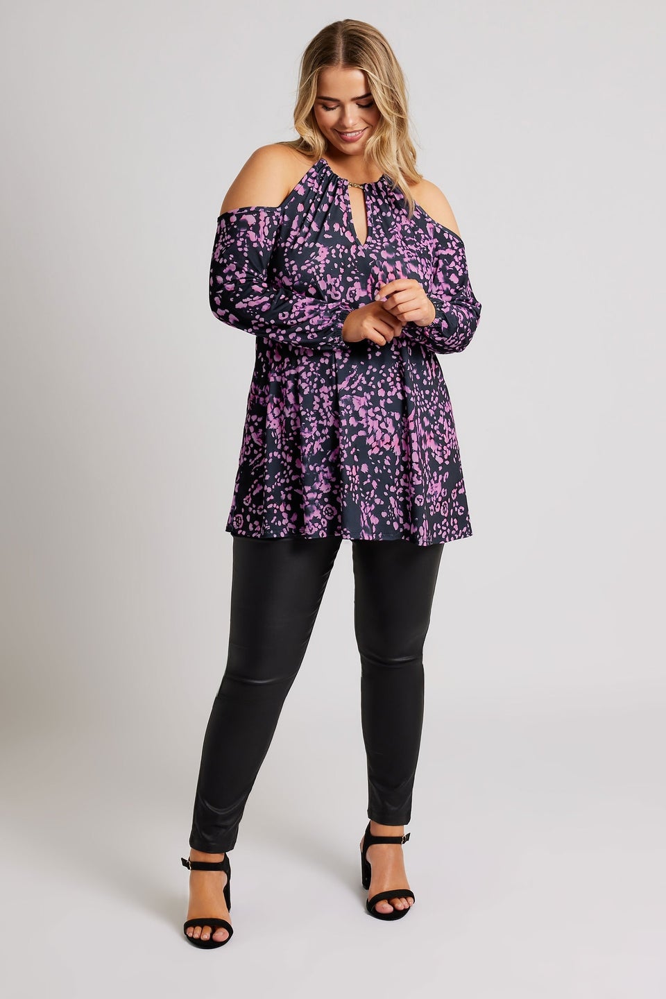 YOURS LONDON Curve Purple Animal Print Cold Shoulder Top
