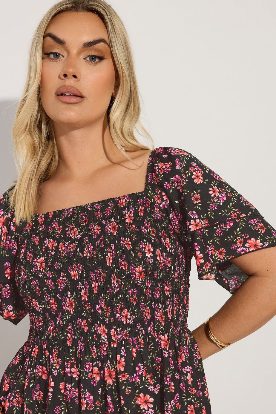 Yours Curve Black Floral Print Square Neck Midaxi Dress