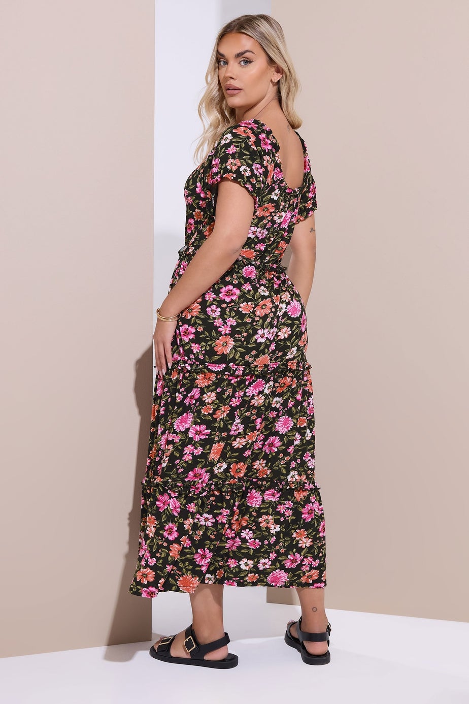 Yours Curve Black Floral Tiered Frill Maxi Dress