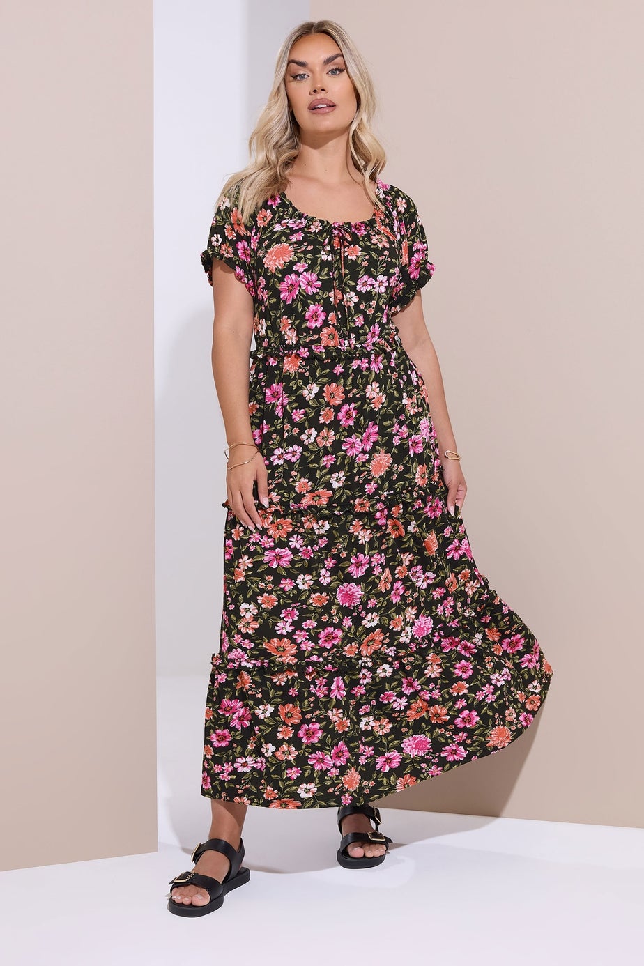 Yours Curve Black Floral Tiered Frill Maxi Dress