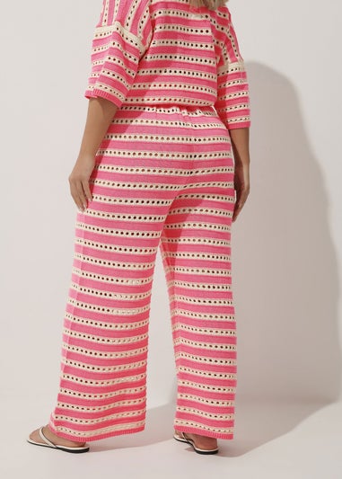 LIMITED COLLECTION Curve Pink & White Stripe Crochet Wide Leg Trousers