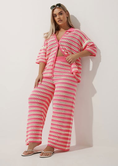 LIMITED COLLECTION Curve Pink & White Stripe Crochet Wide Leg Trousers