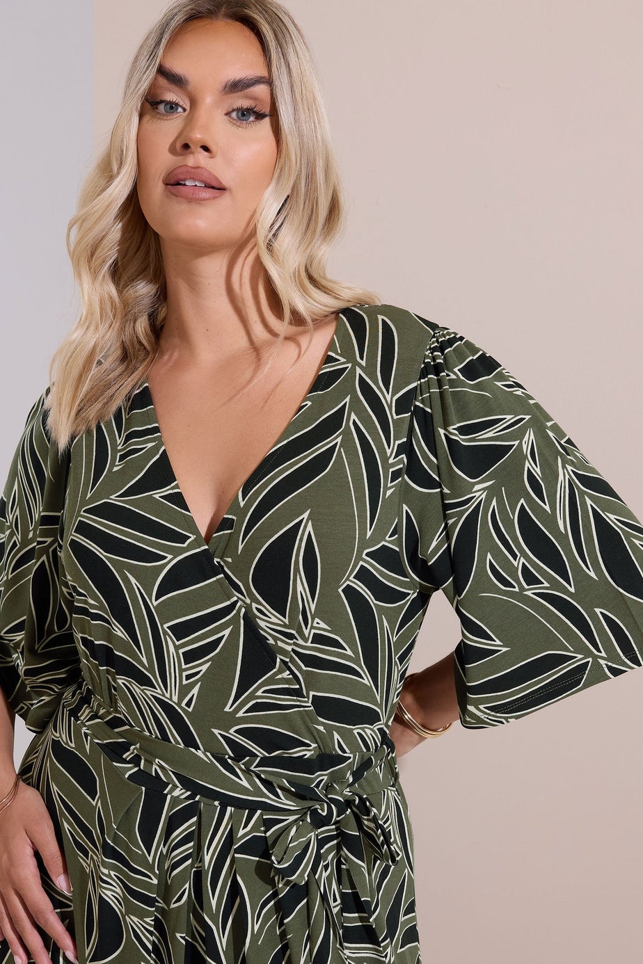 Yours Curve Khaki Green Leaf Wrap Maxi Dress