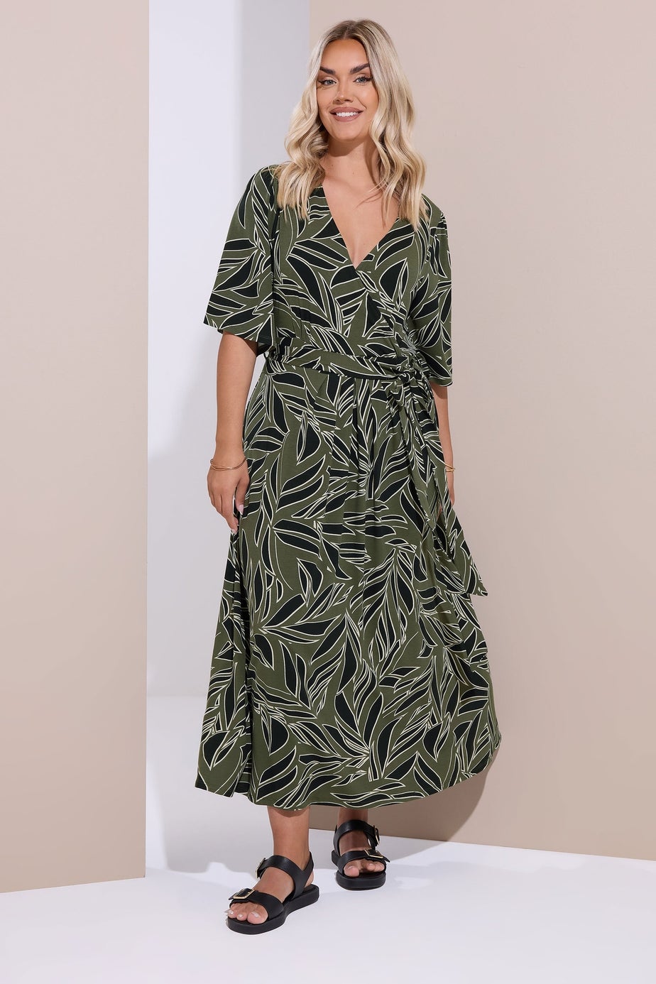 Yours Curve Khaki Green Leaf Wrap Maxi Dress