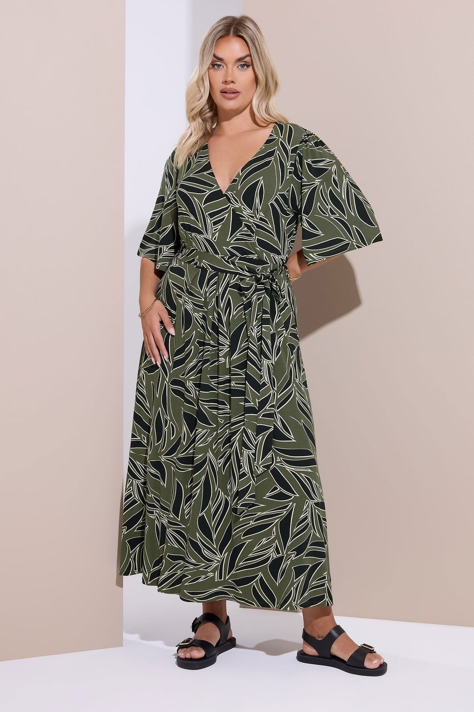Yours Curve Khaki Green Leaf Wrap Maxi Dress