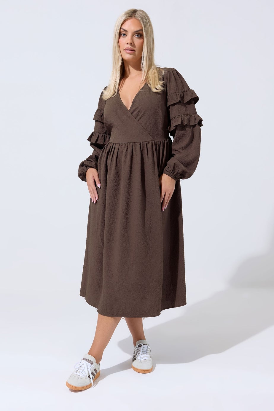 Yours Limited Collection Curve Brown Textured Ruffle Dress