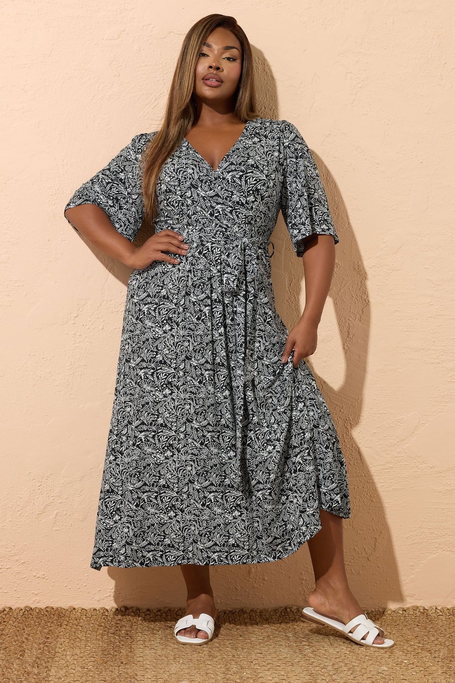 Yours Curve Black & White Floral Wrap Maxi Dress