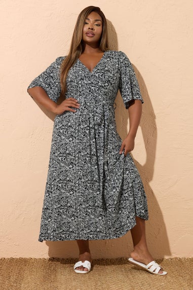 Yours Curve Black & White Floral Wrap Maxi Dress