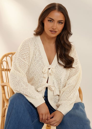 Yours Curve White Crochet Tie Cardigan