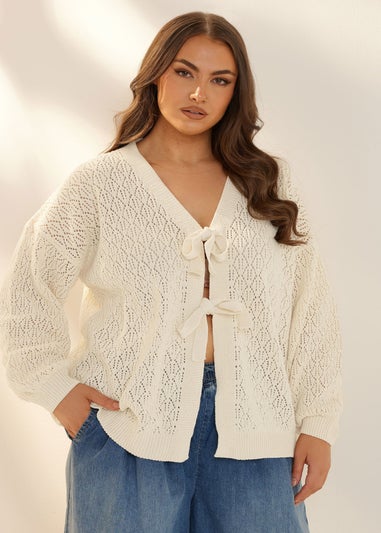 Yours Curve White Crochet Tie Cardigan