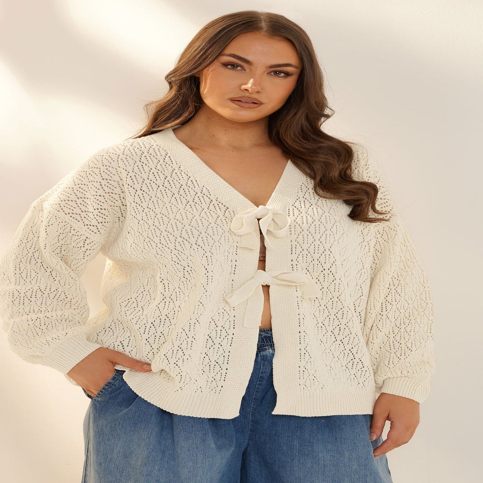 Yours Curve White Crochet Tie Cardigan