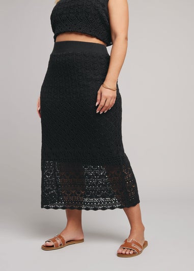 Yours Curve Black Crochet Knitted Midi Skirt
