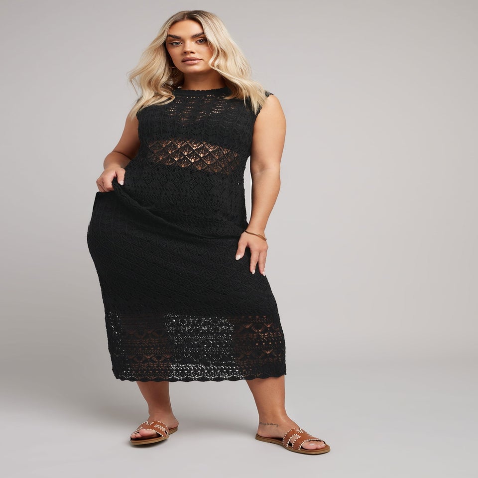 Yours Curve Black Crochet Knitted Midi Skirt