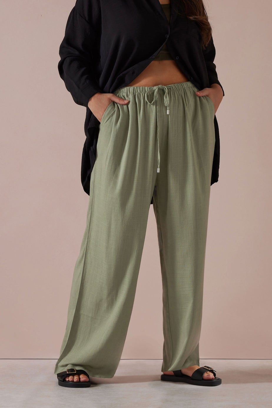 Yours Curve Olive Green Linen Tie Front Trousers